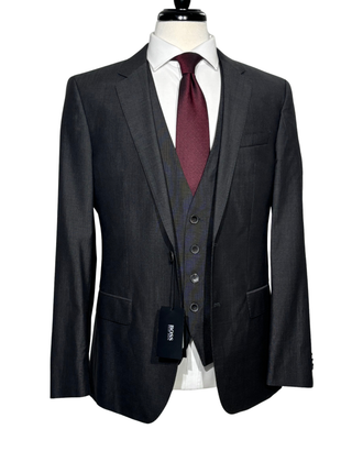 Hugo Boss Mens Charcoal Textured Notch Lapels Classic Fit 3-Piece Wool Silk Suit - 40R