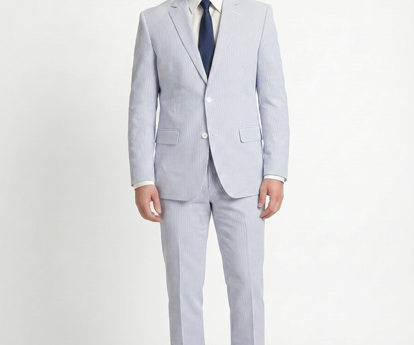 Emigre Classic Fit Blue Striped Two Button Cotton Seersucker Suit, 56 / Regular