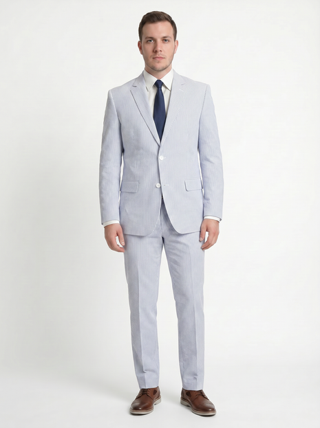 Emigre Classic Fit Blue Striped Two Button Cotton Seersucker Suit