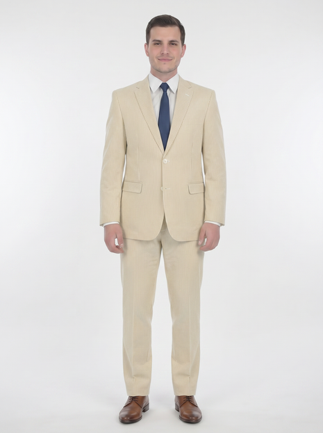 Emigre Classic Fit Tan Striped Two Button Cotton Seersucker Suit