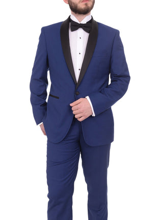 Gino Vitale Slim Fit Indigo Blue One Button Tuxedo Suit With Satin Shawl Lapel - The Suit Depot