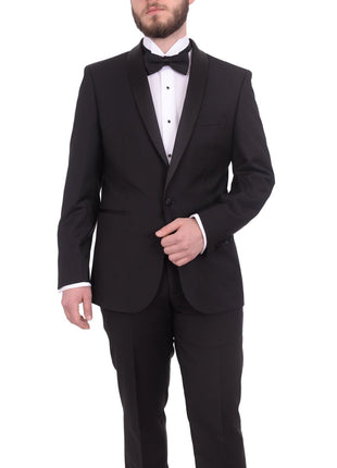 Gino Vitale TUXEDOS Gino Vitale Slim Fit Solid Black One Button Tuxedo Suit With Satin Shawl Lapels