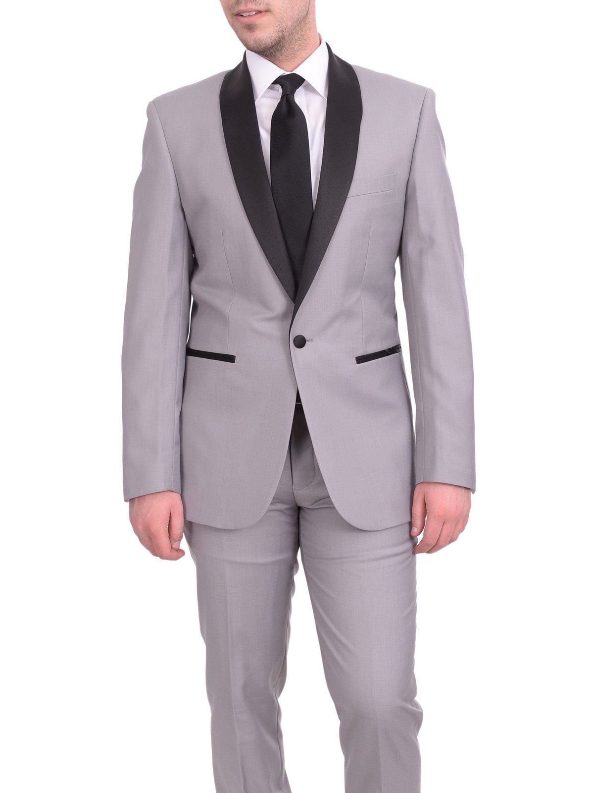 Gino Vitale TUXEDOS Gino Vitale Slim Fit Solid Gray One Button Tuxedo Suit With Satin Shawl Lapels