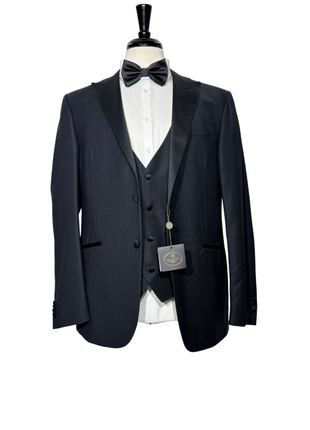 Corneliani Mens Black Textured Fully-Canvassed Peak Lapel Slim Fit 3-Piece Wool Tuxedo - 44R