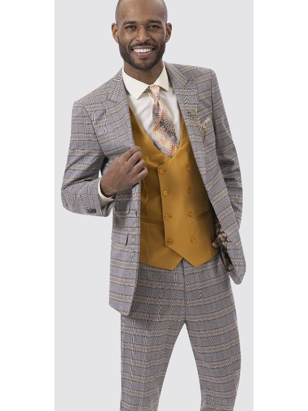 Kent & Park Men's Gray & Gold Plaid Classic Fit Three Piece Suit with The Suit Depot Kent & Park Men's Gray & Gold Plaid Classic Fit Three Piece Suit with The Suit Depot