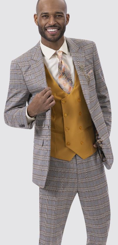 Kent & Park Men's Gray & Gold Plaid Classic Fit Three Piece Suit with Peak Lapels