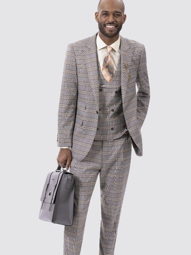 Kent & Park Men's Gray & Gold Plaid Classic Fit Three Piece Suit with The Suit Depot Kent & Park Men's Gray & Gold Plaid Classic Fit Three Piece Suit with The Suit Depot