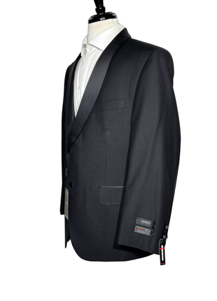 Angelo Rossi Mens Solid Black Satin Shawl Lapel Classic Fit 2-Button Tuxedo - 46S