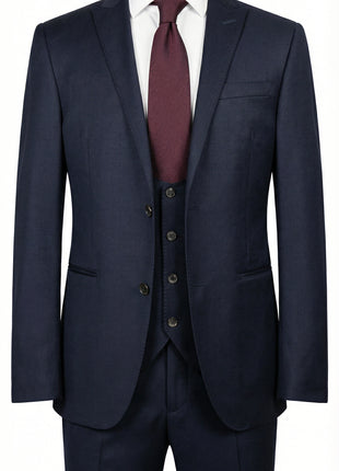 Corneliani Mens Solid Midnight Blue Fully-Canvassed Peak Lapels Slim Fit 3-Piece Wool Suit - 38R - The Suit Depot