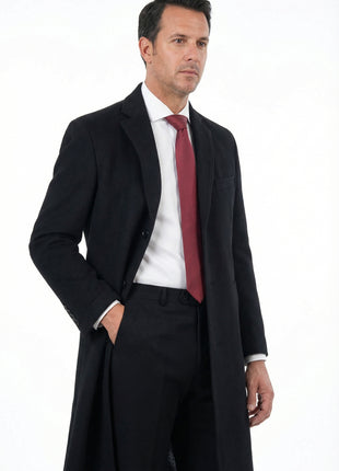 Mens Classic Fit Black Full Length Single Breasted Wool Cashmere Overcoat - The Suit Depot
