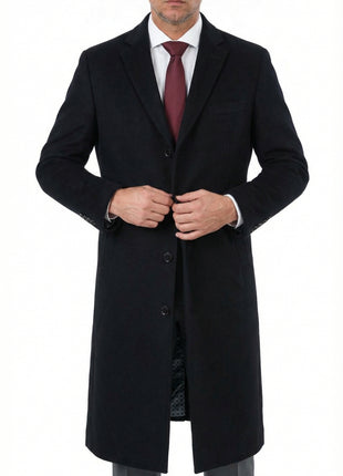 Mens Classic Fit Black Full Length Single Breasted Wool Cashmere Overcoat - The Suit Depot