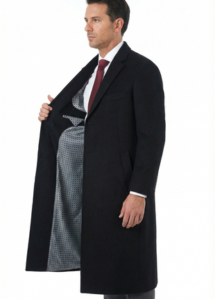 Mens Classic Fit Black Full Length Single Breasted Wool Cashmere Overcoat - The Suit Depot