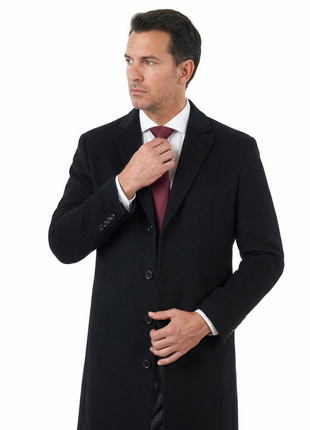 Mens Classic Fit Black Full Length Single Breasted Wool Cashmere Overcoat - The Suit Depot