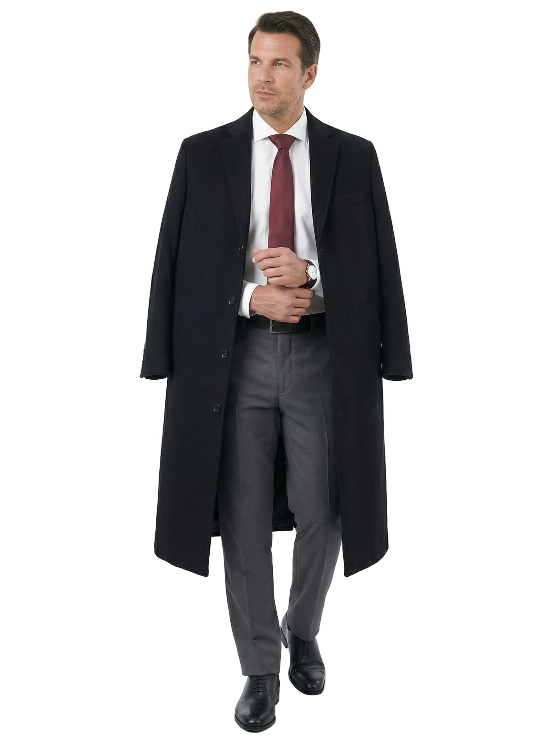 Mens Classic Fit Black Full Length Single Breasted Wool Cashmere Overcoat, 48R Mens Classic Fit Black Full Length Single Breasted Wool Cashmere Overcoat, 48R
