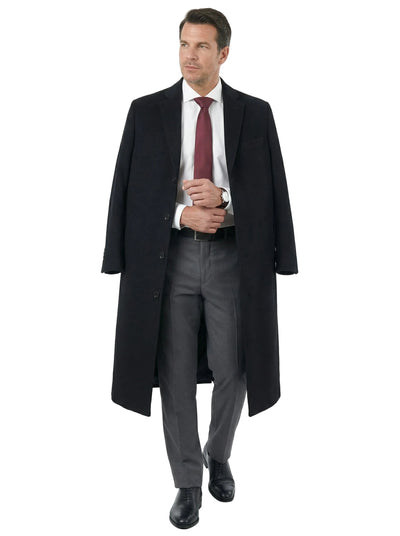 Mens Classic Fit Black Full Length Single Breasted Wool Cashmere Overcoat