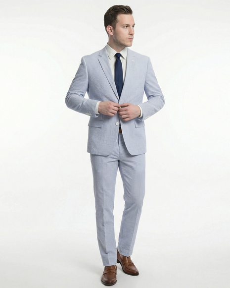 Emigre Classic Fit Blue Striped Two Button Cotton Seersucker Suit - The Suit Depot