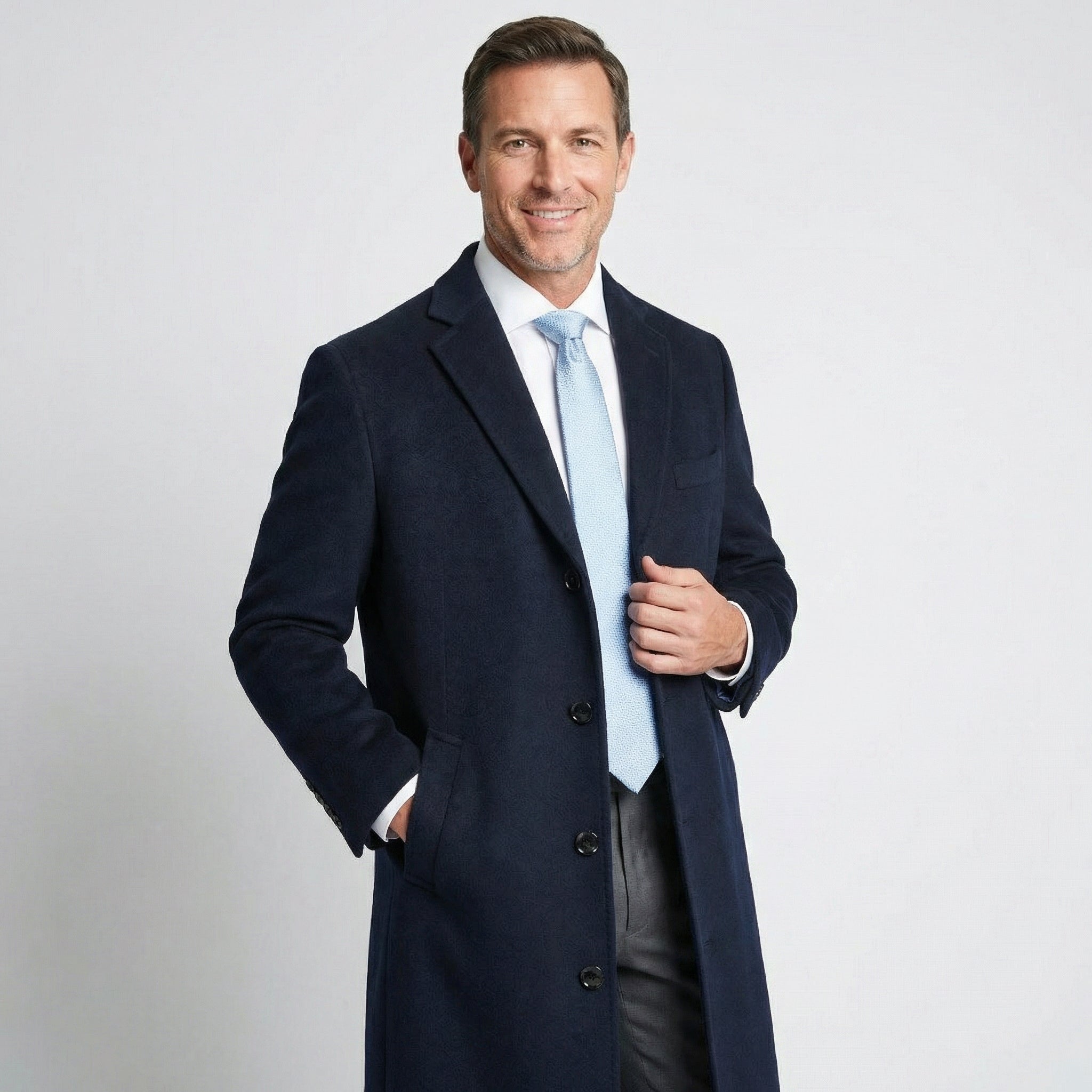 Men's Navy Blue Wool Overcoat - Wool Cashmere Blend - 3-Button - Full Length - Wind Resistant - for Business and Formal Wear