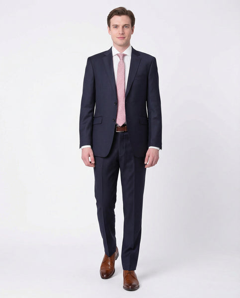 Men's Slim Fit Solid Navy Blue Two Button Wool Suit, 36 / Short