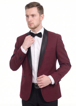 Men's Slim Fit Burgundy 1 Button Shawl Lapel Tuxedo Jacket & Pants - The Suit Depot