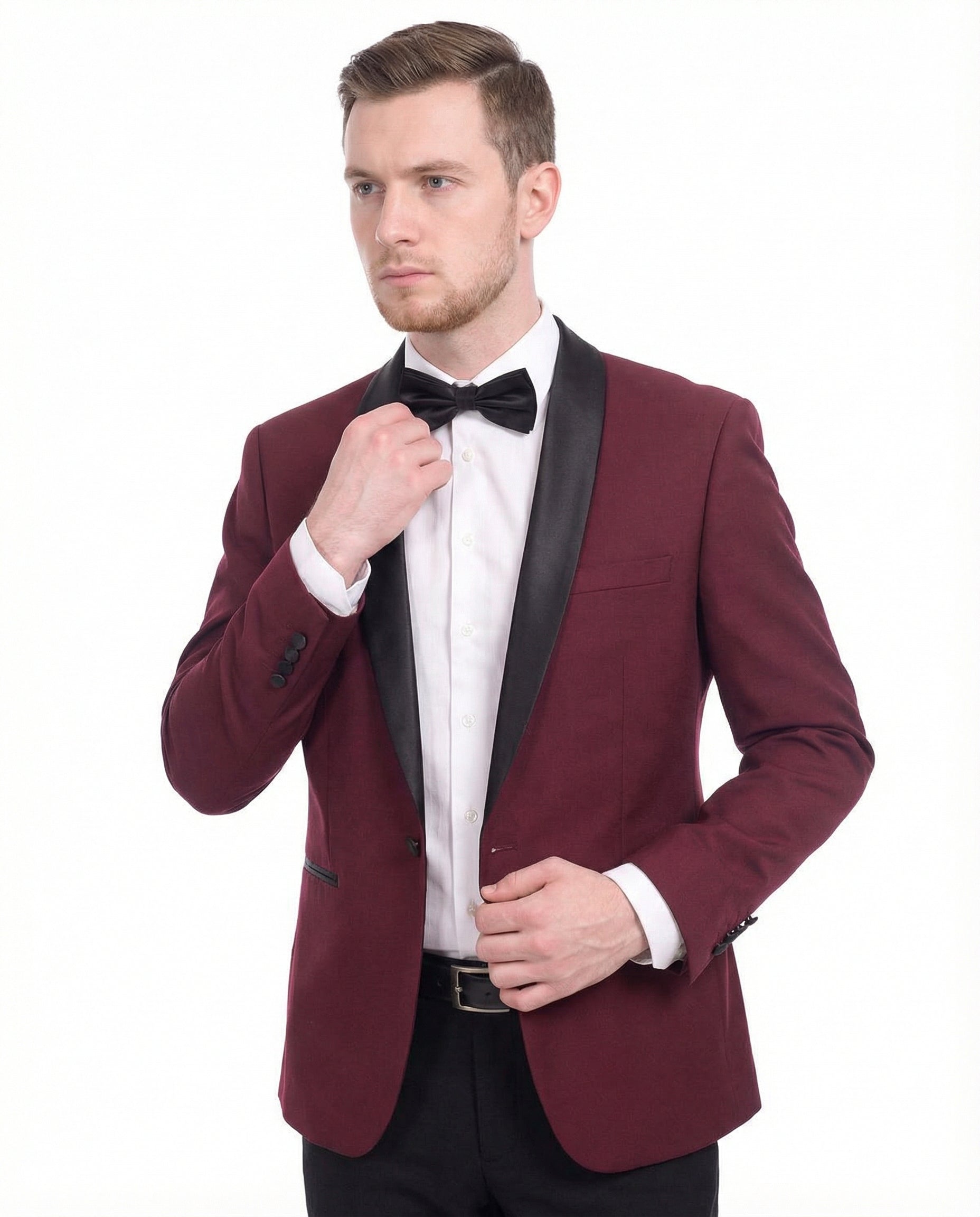 Men's Slim Fit Burgundy 1 Button Shawl Lapel Tuxedo Jacket & Pants, 52L Men's Slim Fit Burgundy 1 Button Shawl Lapel Tuxedo Jacket & Pants, 52L