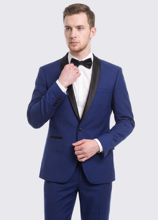 Men's Slim Fit 1 Button Shawl Lapel Tuxedo Jacket & Pants - Indigo Blue - The Suit Depot