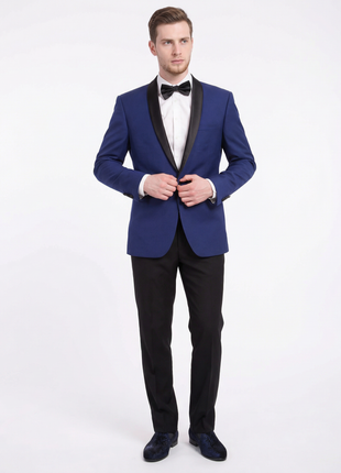 Men's Slim Fit 1 Button Shawl Lapel Tuxedo Jacket & Pants - Indigo Blue - The Suit Depot