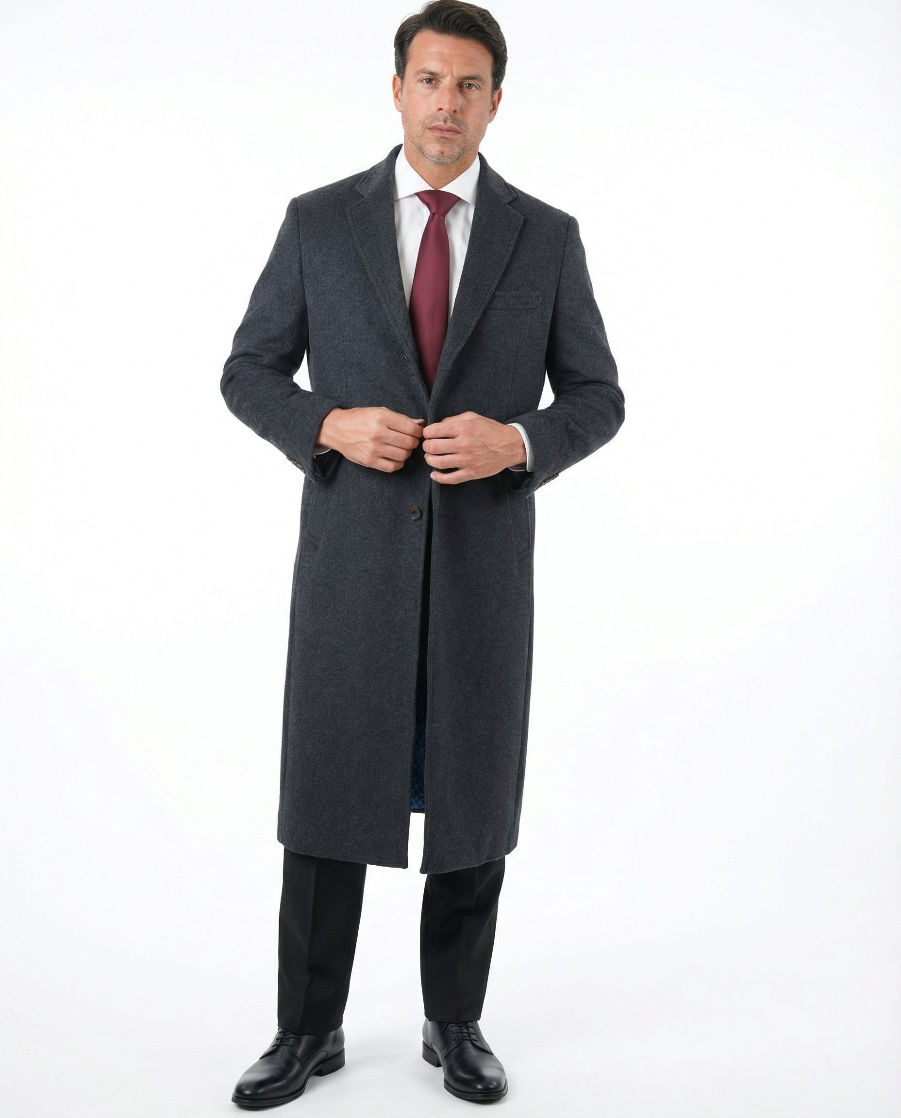 Mens Regular Fit Solid Charcoal Gray Full Length Wool Cashmere Overcoat Top Coat, 66L Mens Regular Fit Solid Charcoal Gray Full Length Wool Cashmere Overcoat Top Coat, 66L