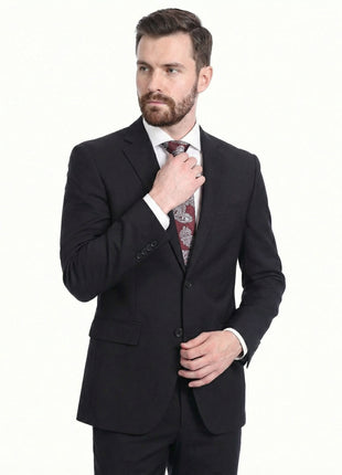 Raphael Men's Regular Classic Fit Solid Black 2 Button Mens Wool-touch Suit - The Suit Depot