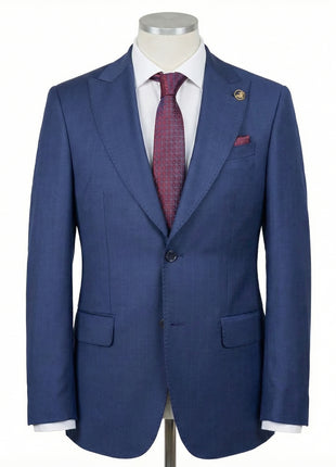 Romaster Mens Tonal Check Blue Slim Fit Peak Lapels Stretch Wool Suit