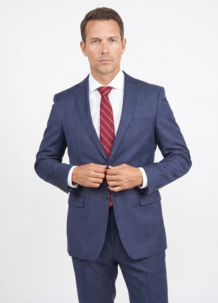 John Varvatos Mens Slim Fit Navy Blue Plaid Two Button Wool Suit - The Suit Depot