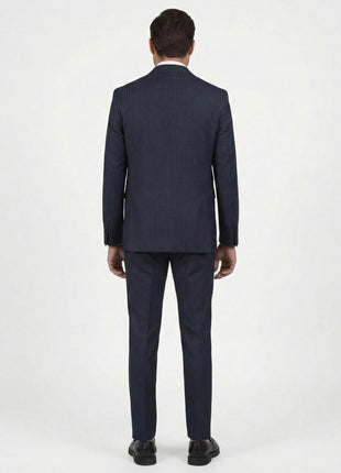 Di'nucci Slim Fit Navy With Purple Pinstripe Double Breasted Peak Lapel Wool Suit - The Suit Depot