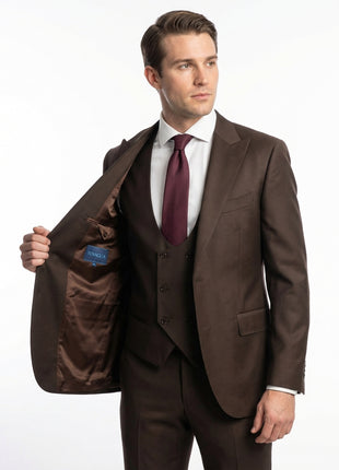 Tovaglia Mens Solid Dark Brown Classic Fit Peak Lapel Wool 3 Piece Suit
