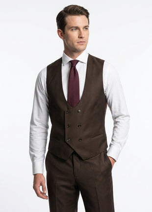 Tovaglia Mens Solid Dark Brown Classic Fit Peak Lapel Wool 3 Piece Suit