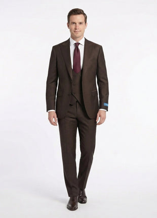 Tovaglia Mens Solid Dark Brown Classic Fit Peak Lapel Wool 3 Piece Suit