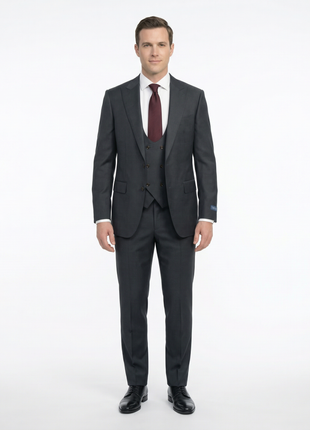 Tovaglia Mens Solid Dark Green Classic Fit Peak Lapel Wool 3 Piece Suit