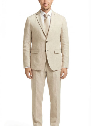 Label E Men's Solid Tan Classic Fit 100% Linen Suit