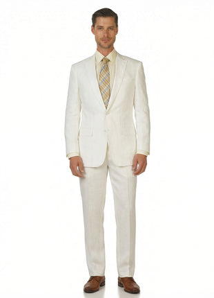 Label E Men's Solid White Classic Fit 100% Linen Suit