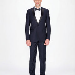 Braveman Slim Fit Navy Blue One Button Tuxedo Tux Suit With Peak Lapels - The Suit Depot