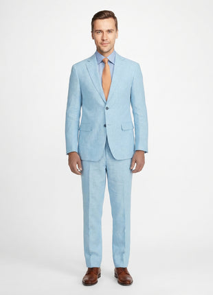 Label E Men's Solid Blue Classic Fit 100% Linen Suit