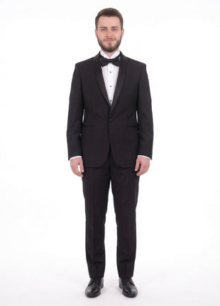 Gino Vitale Slim Fit Solid Black One Button Tuxedo Suit With Satin Shawl Lapels