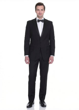 Manzini Mens Black 100% Wool Classic Fit Tuxedo Suit With Satin Peak Lapels - The Suit Depot