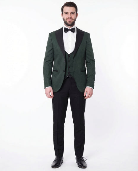 Cengizhan Baybars Mens Slim Fit Emerald Green 3-piece Tuxedo Suit Peak Lapels, 36 / Regular