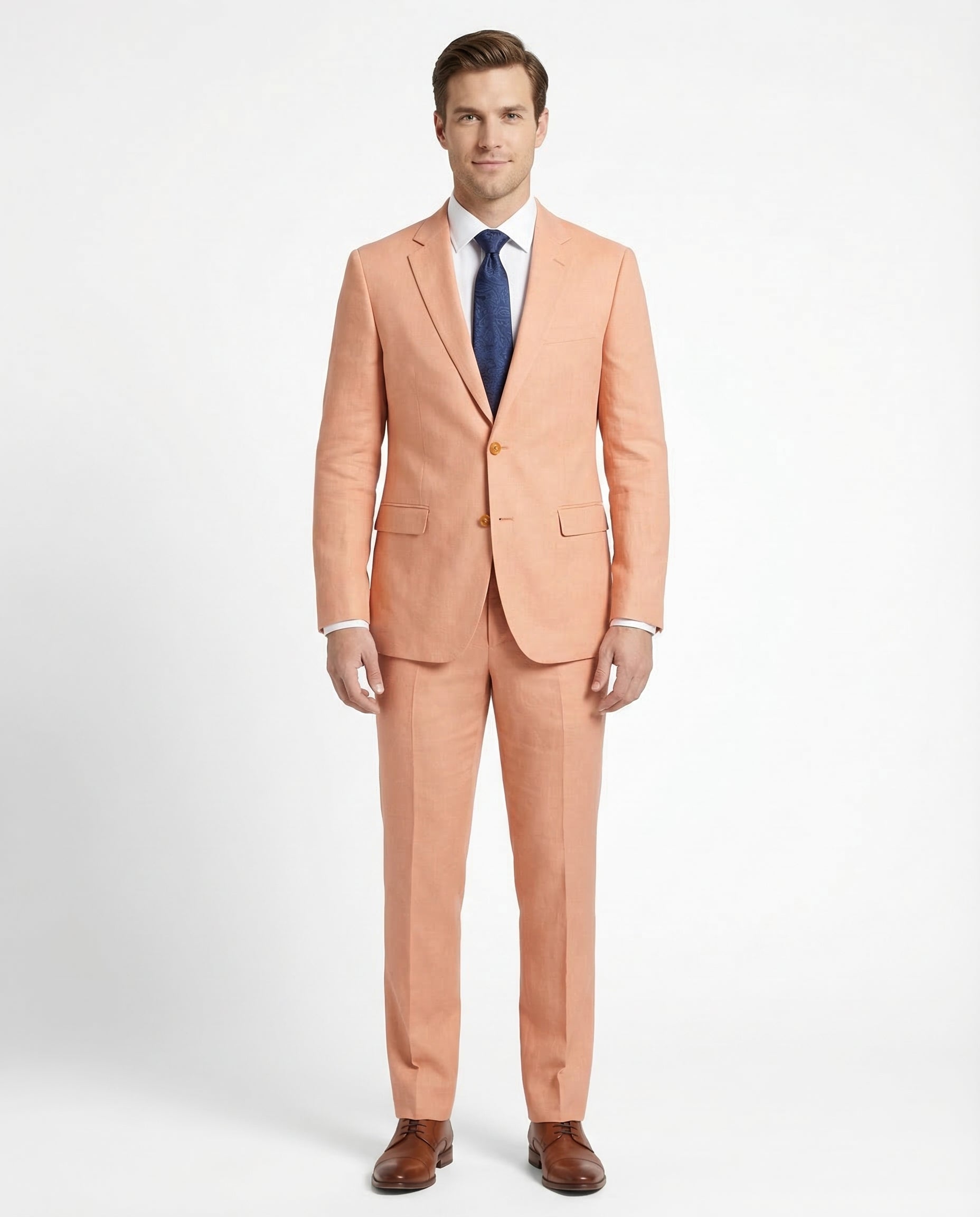 Kent & Park Mens Solid Salmon Orange Classic Fit Linen Blend 2 Piece Suit, 50 / Regular