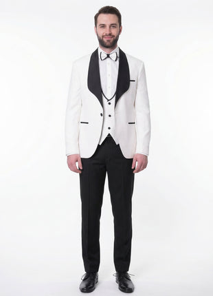 Cemden Mens Slim Fit Solid White 1-button 3 Piece Tuxedo Suit With Shawl Lapels