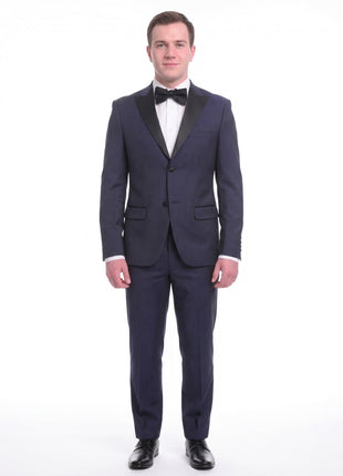 Unique Slim Fit Midnight Blue Subtle Sheen Wool Tuxedo Suit Satin Peak Lapels