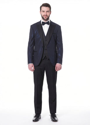 Cemden Mens Solid Blue Shimmer 3 Piece One Button Tuxedo Suit