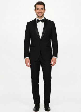 Label E Solid Black One Button 100% Wool Tuxedo Suit With Satin Shawl Lapels