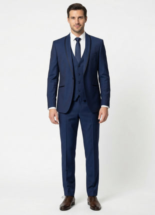 Corneliani Mens Blue With Black Trim Fully-Canvassed Shawl Lapel Slim Fit 3-Piece Wool Blend Tuxedo Suit - 42S