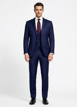 Corneliani Mens Solid Navy Fully-Canvassed Satin Peak Lapel Slim Fit 3-Piece Wool Tuxedo Suit - 40R