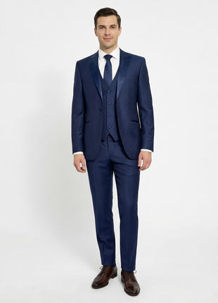 Corneliani Mens Blue Micro-Pattern Fully-Canvassed Peak Lapel Slim Fit 3-Piece Wool Tuxedo Suit - 38S